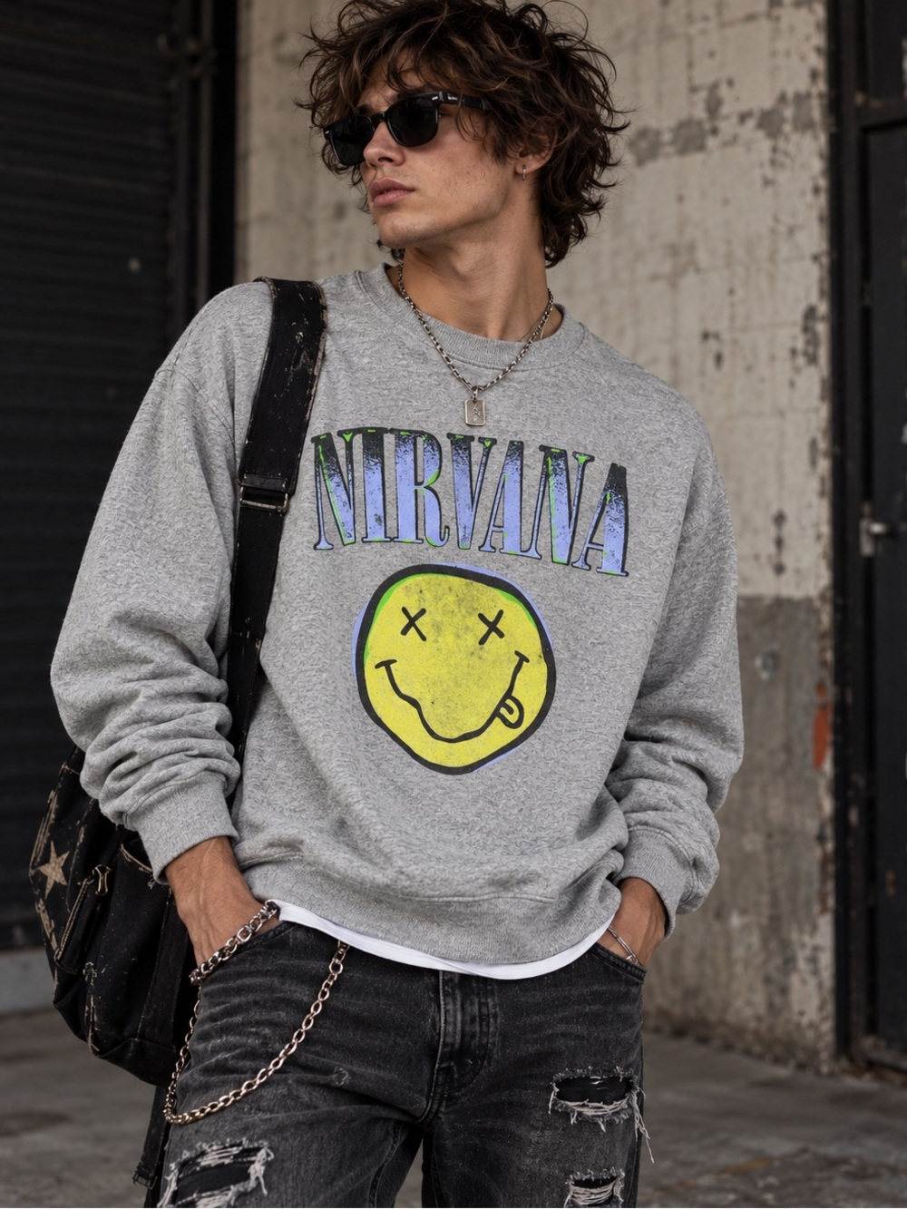 NIRVANA Gray Crewneck with Yellow Smiley and Blue Logo